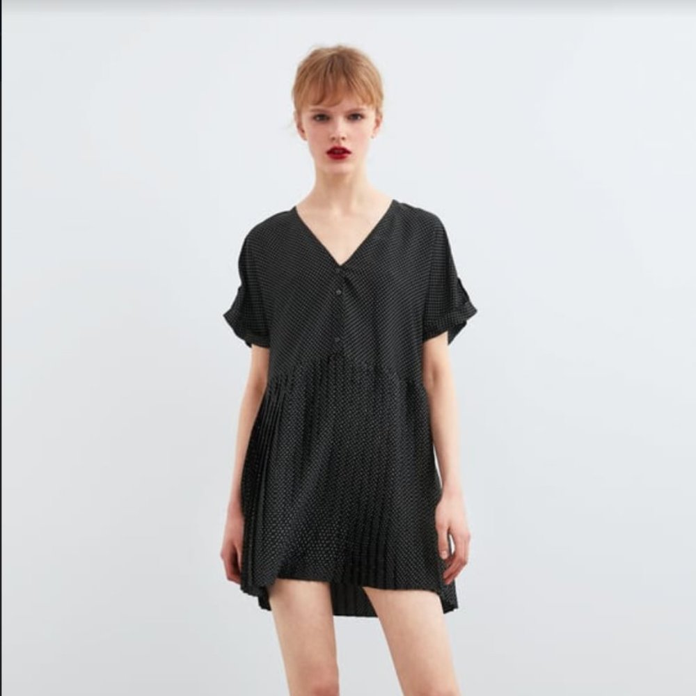 Zara Black Polka Dot Mini Shirt Dress Size M